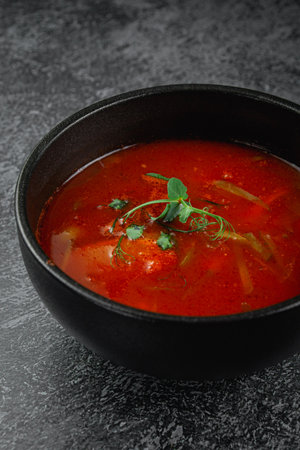 Traditional Russian and Ukrainian cuisine, appetizing red borscht on a dark backgroundの写真素材