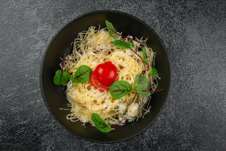 Carbonara noodles with mushroomsの写真素材