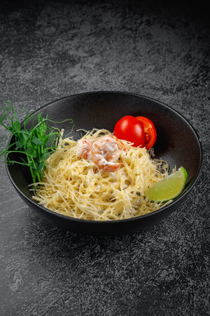 Pasta carbonara with shrimpの写真素材