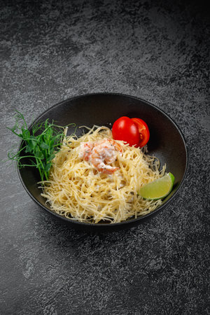 Pasta carbonara with shrimpの写真素材