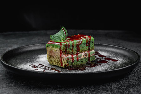Pistachio cake ice cream with raspberry jam in a dark plateの写真素材