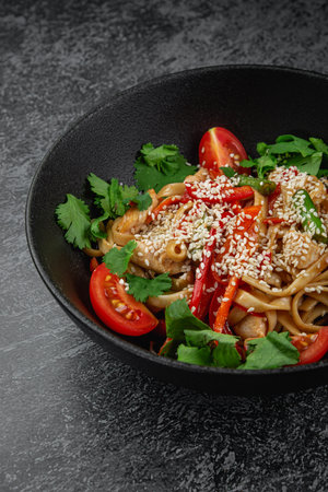 Wheat flour udon noodles with parsley, tomatoes and sprinkled with sesame seedsの写真素材