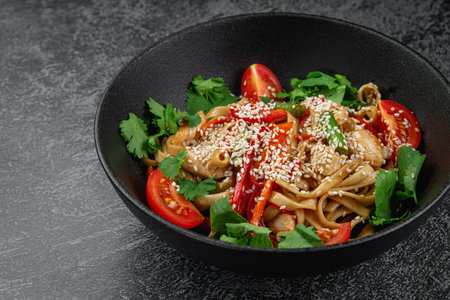 Wheat flour udon noodles with parsley, tomatoes and sprinkled with sesame seedsの写真素材