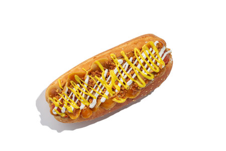 Tasty hot dog with sausage melted cheese crispy onions and mustard mayonnaise sauces isolated on...