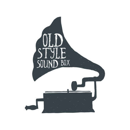 Hand drawn vintage music gramophone. Sketch style. Vector illustration. T-shirt print. Poster. Logo. Hipster. Lettering.のイラスト素材