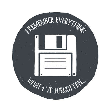 Hand drawn vintage floppy disk. Sketch style. illustration. T-shirt print. Poster. Logo. Hipster. Lettering. Inspiring Creative Motivation Quote. Retro badge. Emblem.の写真素材