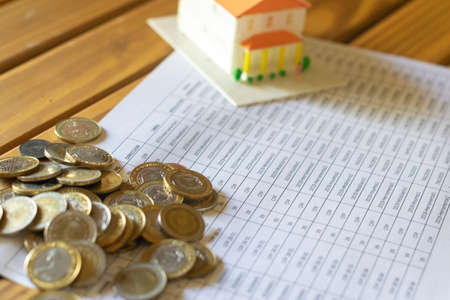 playhouse and coins on the accounting sheetの写真素材
