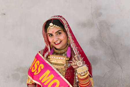 Jaisalmer, Rajasthan, India - 02 27 2021: Miss Moomal of The Desert Festival 2021 posing for...