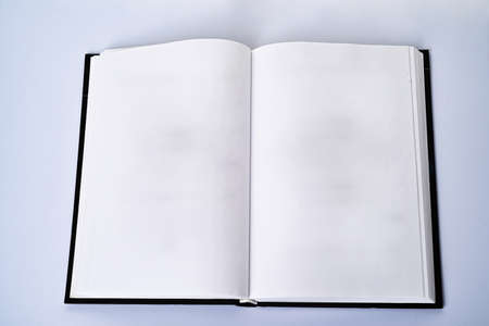 Open blank flat book spread with white paper page design template background