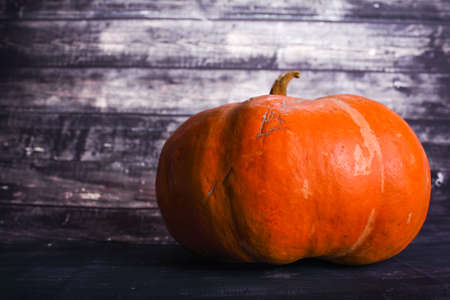 large juicy pumpkin on a dark wood backgroundの写真素材