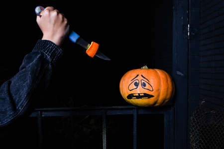 Helloween Pumpkin Head, jack-o-lantern. halloween pumpkin scared alone in the dark