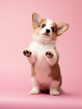Cute welsh corgi puppy standing on pink background, studio shotの素材