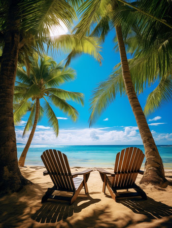 Two chairs on a tropical beach with palm trees and blue sky.の素材