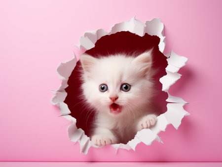 White kitten peeking out of hole in paper. Pink background.の素材