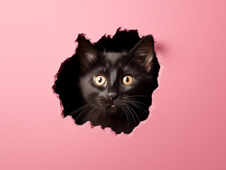 Cute black cat looking through hole in pink paper with copy spaceの素材