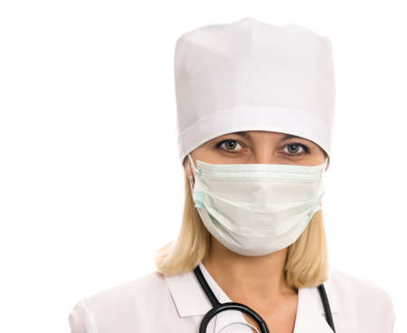 Portrait of a woman doctor in the mask on a white background, isolatedの写真素材