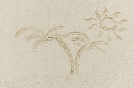 Sun and palm drawn on sand, travel background の写真素材