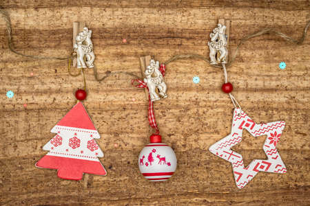Christmas decorations on wood background. Beautiful Christmas card.の写真素材