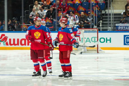 MOSCOW - APRIL 30, 2016: The players Russian National Team  and Finland National Team hockey game Russia vs Finland on Eurotrip 2016, in VTB Arena Ice Palace, Moscow, Russiaのeditorial素材