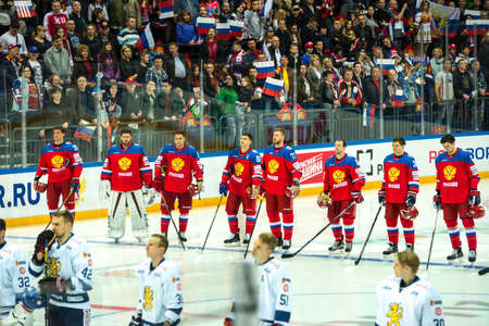 MOSCOW - APRIL 30, 2016: The players Russian National Team  and Finland National Team hockey game Russia vs Finland on Eurotrip 2016, in VTB Arena Ice Palace, Moscow, Russiaのeditorial素材