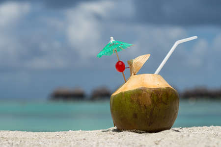 Coconut with drinking straw on beach at the seaの写真素材