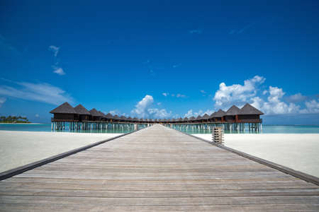 Beautiful beach with water bungalows at Maldivesのeditorial素材