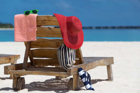 Picture of wooden beach chairs on the tropical beach, vacation. Traveler dreams conceptの写真素材