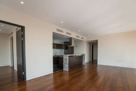 Interior of empty apartment, wide room with kitchen.