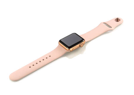 MOSCOW, RUSSIA - OCTOBER 07, 2017: New Apple Watch Series 3 Gold Aluminum Case Pink Sand Sport Band....