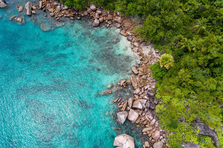 Aerial view of beautiful island at Seychelles in the Indian Ocean. Top view from droneの写真素材
