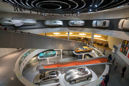 STUTTGART, GERMANY - DECEMBER 30, 2018: Interior of museum "Mercedes Benz Welt". The museum covers the history of the Mercedes-Benz and the brands associated.のeditorial素材