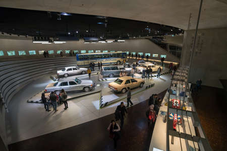 STUTTGART, GERMANY - DECEMBER 30, 2018: Interior of museum "Mercedes Benz Welt". The museum covers the history of the Mercedes-Benz and the brands associated.のeditorial素材