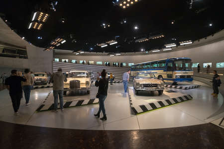 STUTTGART, GERMANY - DECEMBER 30, 2018: Interior of museum "Mercedes Benz Welt". The museum covers the history of the Mercedes-Benz and the brands associated.のeditorial素材