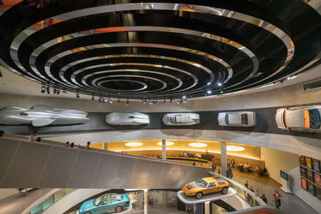 STUTTGART, GERMANY - DECEMBER 30, 2018: Interior of museum "Mercedes Benz Welt". The museum covers the history of the Mercedes-Benz and the brands associated.のeditorial素材