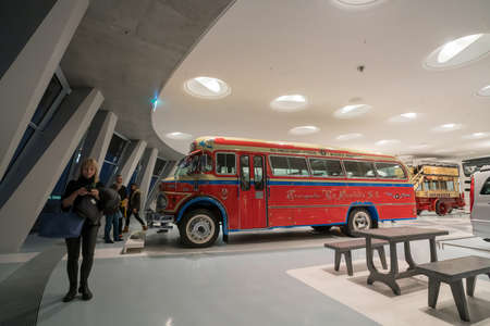 STUTTGART, GERMANY - DECEMBER 30, 2018: Interior of museum "Mercedes Benz Welt". The museum covers the history of the Mercedes-Benz and the brands associated.のeditorial素材
