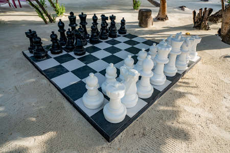 Outdoor Chess Game at Big Chequer Board. Super big size of black and white chess game pieces,の写真素材