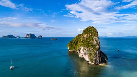 Railay beach in Thailand, Krabi province, aerial view of tropical Railay and Pranang beaches and coastline of Andaman sea from aboveの写真素材