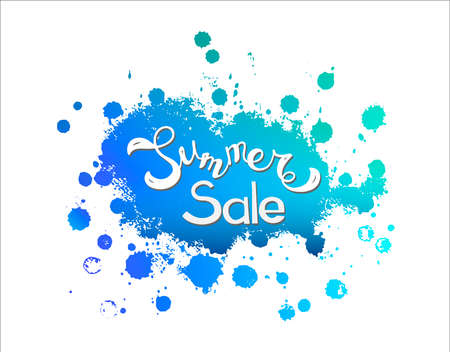 Vector illustration message Summer sale. Hand lettering on bloth blue watercolor. hand drawn on sea, marine, nature background. Isolated design element.のイラスト素材