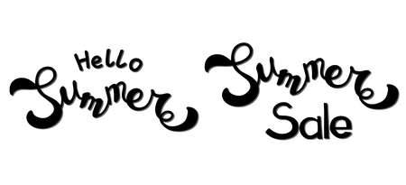 Message Hello summer and Summer sale. Black lettering on white background. It is a hand drawn. Text in modern style for banner, icon, flyer, label, icon, badge, sticker.のイラスト素材