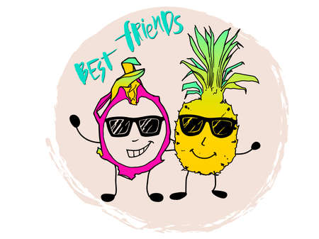 best friend. Handwritten modern brush lettering and vector illustration dragon fruit and pineapple. isolated funny picture on turquoise background for banner, sticker, label, card, clothes.のイラスト素材