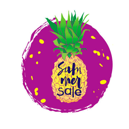 Message summer sale on the background of pineapple. Hand lettring isolated on color background. It...