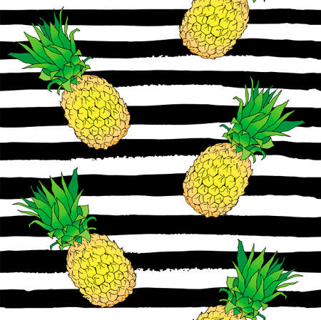 Vector hand drawn abstract tropical seamless pattern of exotic fruit pineapple on black strips....
