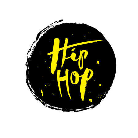 Hip Hop, ink hand lettering. Modern brush calligraphy. Isolated vector illustration yellow text on the black background. Lettering design for print, posters, postcard, banner, invitation, stickerのイラスト素材