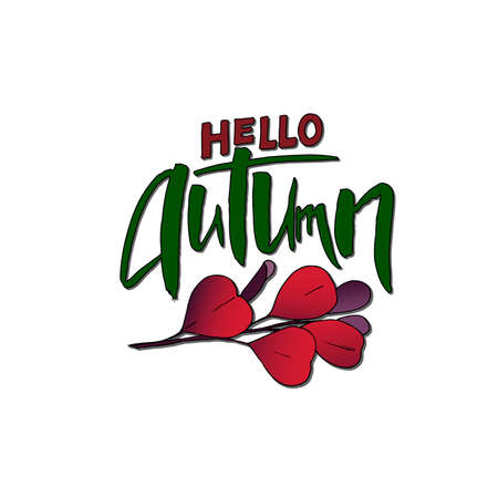 Message Hello Autumn. Hand lettring with abstract red leaves. It is a hand drawn. text in modern style for banner, logo, flayer, label, icon, badge, sticker. Vector illustration EPS 10のイラスト素材