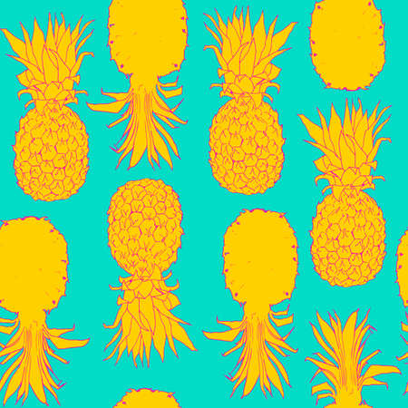 Vector hand drawn abstract tropical seamless pattern of exotic fruit pineapple. Bright pine desert...