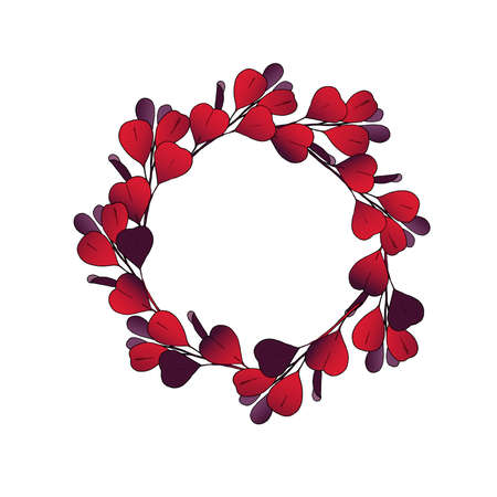 Vector wreath with red leaves. Round frame illustration for Wedding, Autumn, Crismmas cards design. Hand drawn isolated composition of leaves for postcard, print, decoration, backgrond.のイラスト素材