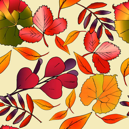 Decorative seamless pattern of leaves and branches. Vector hand drawn abstract of autumn leaves for background. Bright red, yellow, orange, green illustration for design of paper and clothes.のイラスト素材