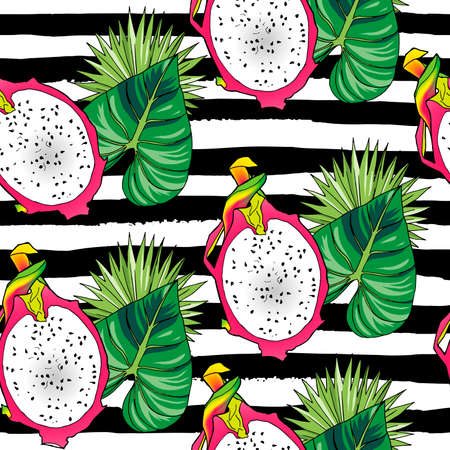 Vector hand drawn abstract tropical seamless pattern of half exotic fruit pitahaya on black strips. Dragon fruit illustration. Bright pitaya desert drawing. Tropical vegeterian food design elementのイラスト素材