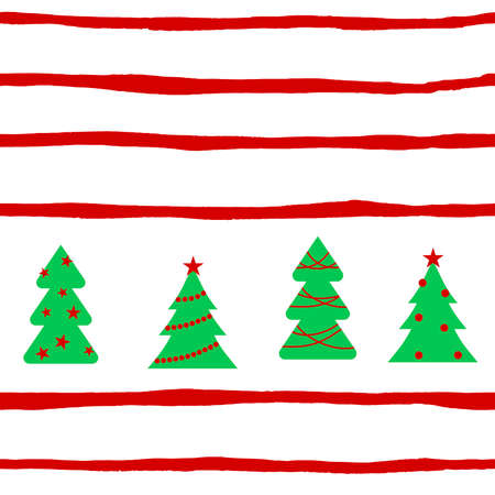 Christmas and New Year seamless pattern of strips and Christmas trees. Bright watercolor illustration for design of postcard, paper, textile, home decor. It is red and green decorative background.のイラスト素材