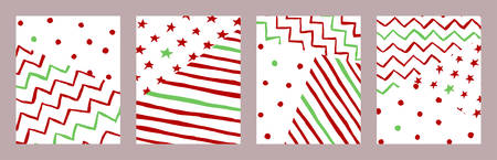 set of vector Christmas and New Year flyer of strips, zigzag, spots, stars. Bright watercolor illustration for design of postcard, paper, textile. It is red and green decorative backgroundのイラスト素材